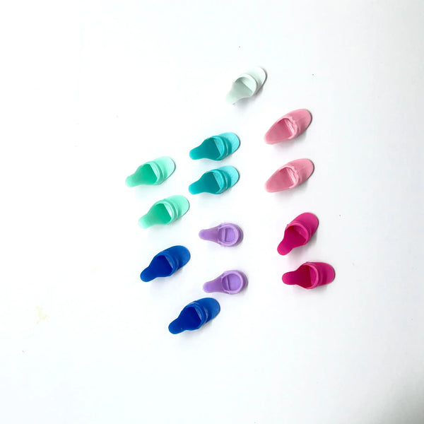 Vintage Barbie doll open toe mule heels shoes replacement lot of 7 matching pairs in multi-color pastel and bright shades for 11.5 inch fashion dolls.
