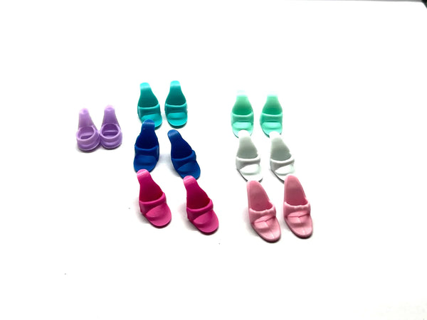 Vintage Barbie doll open toe mule heels shoes replacement lot of 7 matching pairs in multi-color pastel and bright shades for 11.5 inch fashion dolls.
