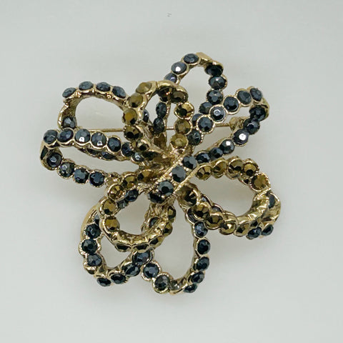 Vintage 3-D Dark Blue and Gold Stones Ribbon Bow Brooch