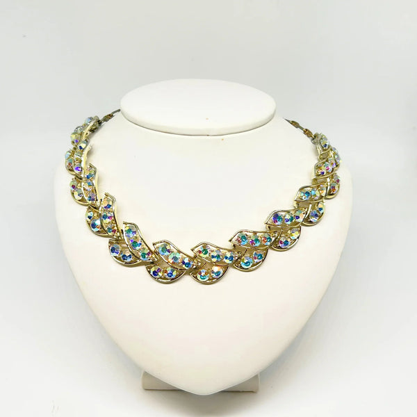 Near Biinding Herringbone Golden Aurora Borealis Rhinestone Necklace - Brighten your look with vintage sparkle. Adjustable choker for a perfect fit. Shop now!