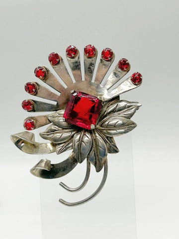Vintage Brookcraft Sterling Silver & Red Brooch