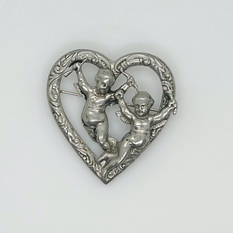 Vintage Renaissance Revival Heart Brooch With Cherubs
