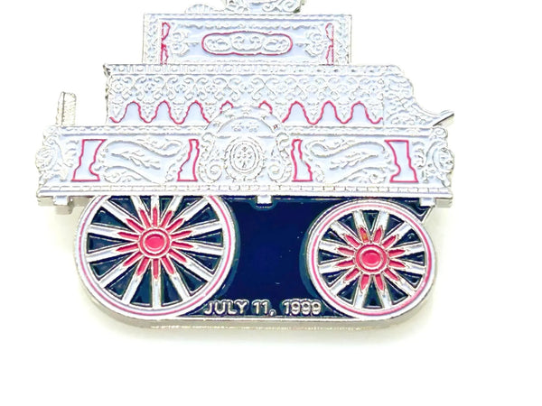 Check out this vintage enamel lapel pin! It's got the C.P. Huntington steam locomotive on it. The silver-toned metal has red, pink, white, and black enamel accents, and shows the date "JULY 11, 1999"