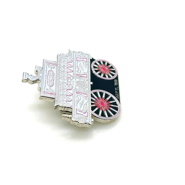 Check out this vintage enamel lapel pin! It's got the C.P. Huntington steam locomotive on it. The silver-toned metal has red, pink, white, and black enamel accents, and shows the date "JULY 11, 1999"