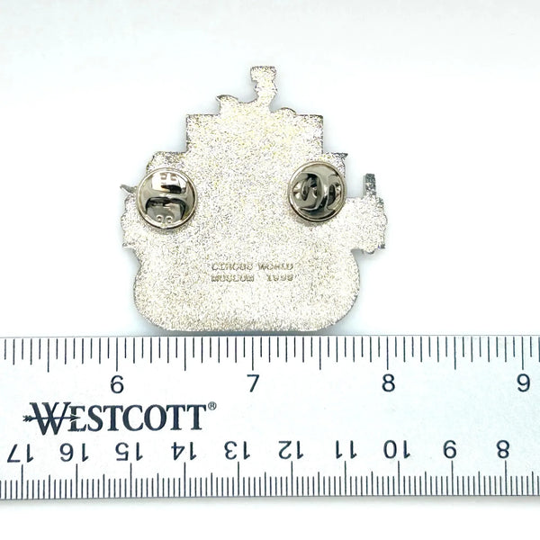 Check out this vintage enamel lapel pin! It's got the C.P. Huntington steam locomotive on it. The silver-toned metal has red, pink, white, and black enamel accents, and shows the date "JULY 11, 1999"