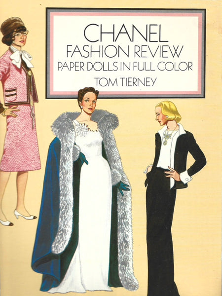 Book cover of 'Chanel Fashion Review' with illustrations of women in vintage fashion.