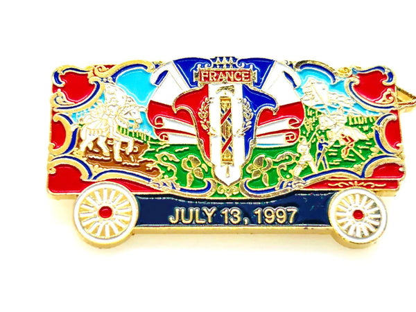 What a delightful piece of circus history! This charming vintage enamel lapel pin celebrates the France Bandwagon from the beloved Circus World Museum in Wisconsin, captured on July 13, 1997.