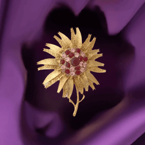 Coro Domed Floral Brooch with Pink and Purple Stones - Lamoree’s Vintage