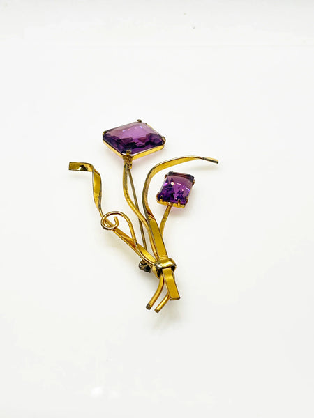 Pale Purple Twilight Stones Coro Sterling Vintage Floral Brooch - 