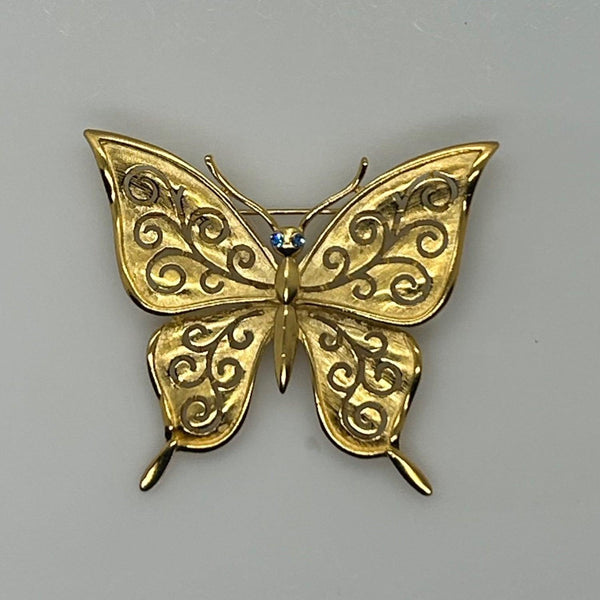 Crown Trifari Gold Tone Filigree Butterfly Brooch with Blue Eyes - Lamoree’s Vintage
