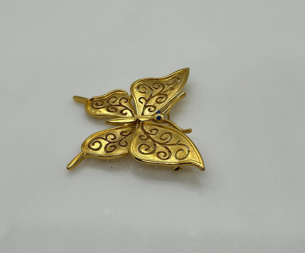 Crown Trifari Gold Tone Filigree Butterfly Brooch with Blue Eyes - Lamoree’s Vintage