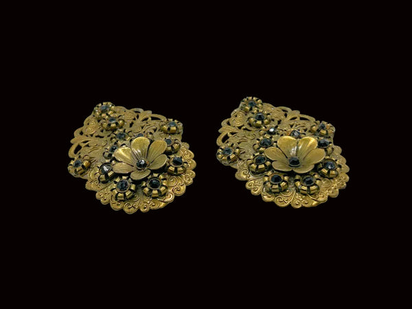 Antique Victorian Elaborate Dress Clips with Filigree and Black Stones