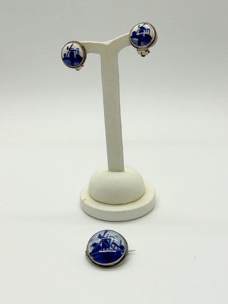 Delft Blue and White Porcelain Round Brooch and Clip Earring Set - Lamoree’s Vintage