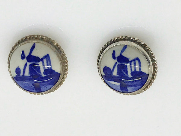 Delft Blue and White Porcelain Round Brooch and Clip Earring Set - Lamoree’s Vintage