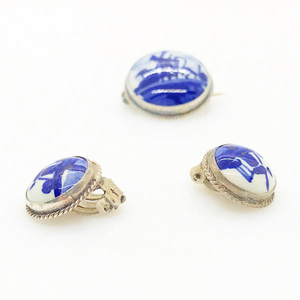 Delft Blue and White Porcelain Round Brooch and Clip Earring Set
