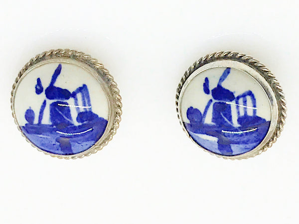 Delft Blue and White Porcelain Round Brooch and Clip Earring Set