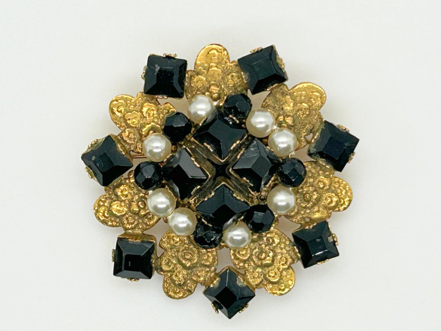 Detailed Vintage Frierich Brooch with Black Beads and Faux Pearls - Lamoree’s Vintage