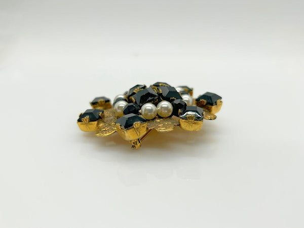 Detailed Vintage Frierich Brooch with Black Beads and Faux Pearls - Lamoree’s Vintage