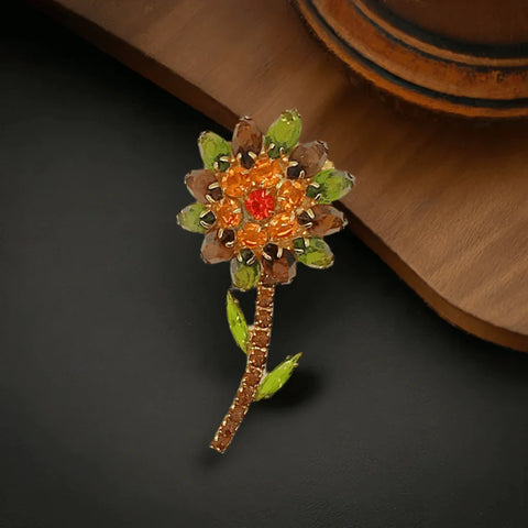 Domed 1960s Floral Vintage Brooch in Green and Orange - Lamoree’s Vintage