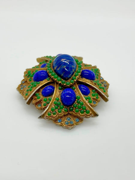 Elaborate and Stunning Blue and Green Maltese Vintage Brooch - Lamoree’s Vintage