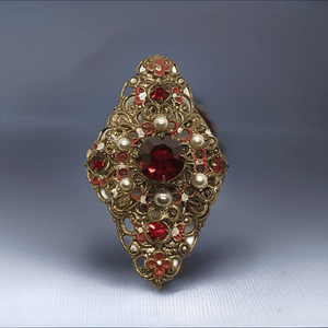 Exquisite Vintage Austrian Brooch with Filigree and Red Stones - Lamoree’s Vintage