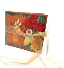 A handmade autumn-themed greeting card featuring a brown background with a green plaid border, decorated with red and yellow leaves, a small owl cutout, and a sheer cream ribbon tied around the front.