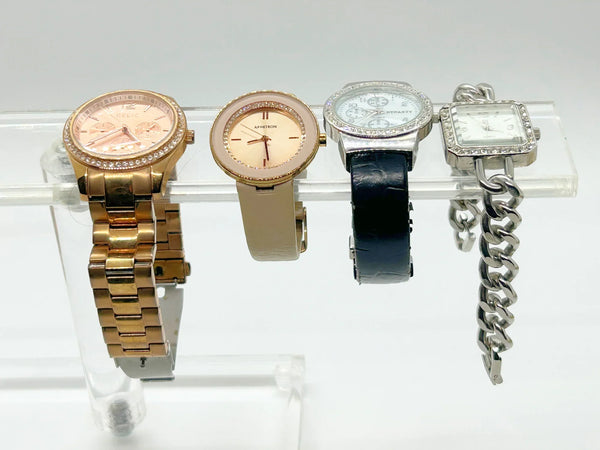 Here is another grouping of watches for parts or repair. They are fashion/ casual and look in good condition, and have bling around the faces They may just need new batteries or are suitable for parts. Brands are Fossil, Dynasty, Armitron and unbranded.