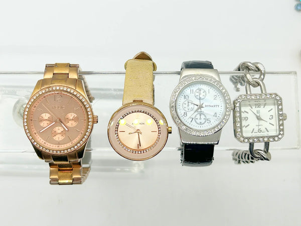 Here is another grouping of watches for parts or repair. They are fashion/ casual and look in good condition, and have bling around the faces They may just need new batteries or are suitable for parts. Brands are Fossil, Dynasty, Armitron and unbranded.