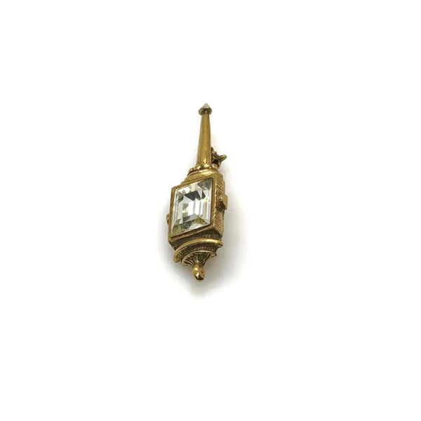 Signed Goldette vintage Victorian Revival gold-tone lantern brooch pin with an emerald-cut clear glass rhinestone