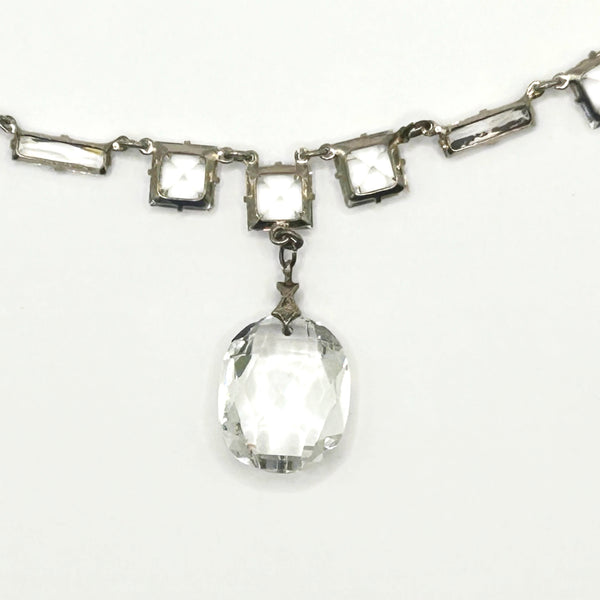 Art Deco Sterling Silver Crystal Drop Necklace Vintage 1930s Geometric Choker