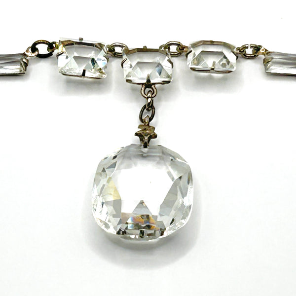 Art Deco Sterling Silver Crystal Drop Necklace Vintage 1930s Geometric Choker