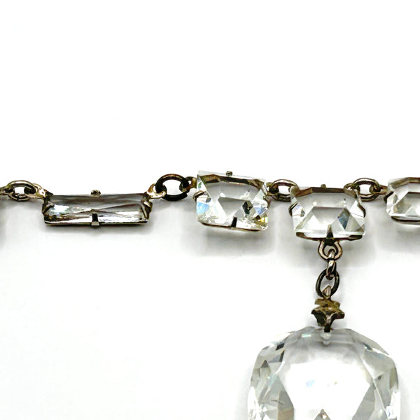 Art Deco Sterling Silver Crystal Drop Necklace Vintage 1930s Geometric Choker