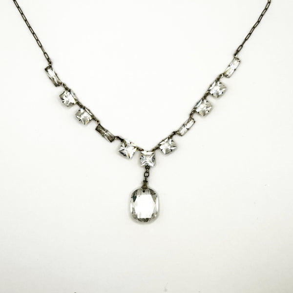 Art Deco Sterling Silver Crystal Drop Necklace Vintage 1930s Geometric Choker