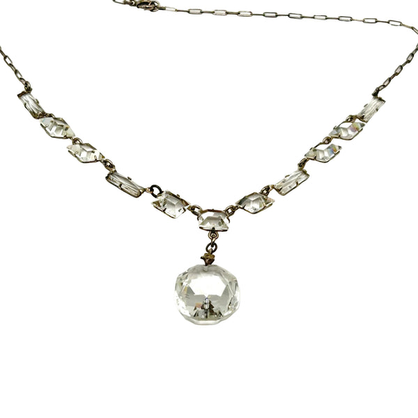 Art Deco Sterling Silver Crystal Drop Necklace Vintage 1930s Geometric Choker