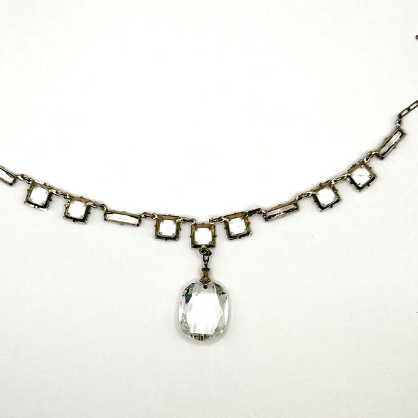 Art Deco Sterling Silver Crystal Drop Necklace Vintage 1930s Geometric Choker