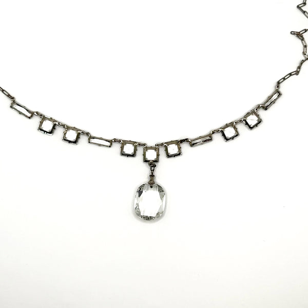 Art Deco Sterling Silver Crystal Drop Necklace Vintage 1930s Geometric Choker