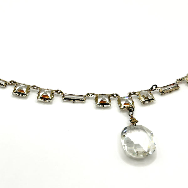 Art Deco Sterling Silver Crystal Drop Necklace Vintage 1930s Geometric Choker