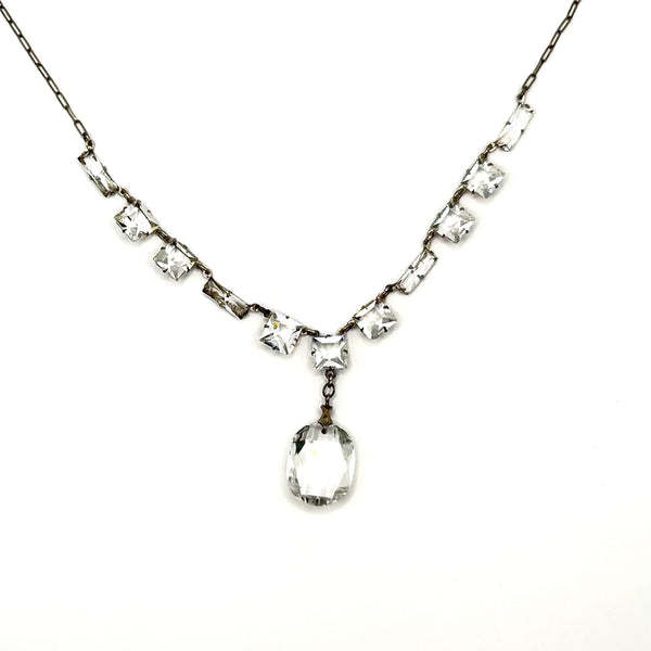 Art Deco Sterling Silver Crystal Drop Necklace Vintage 1930s Geometric Choker