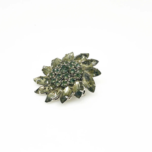 Vintage Smoky Gray and Dark Gray Round Brooch - Elevate your outfit with unusual gray rhinestones. Features layered, marquise ring design for timeless glamour. Shop now!
