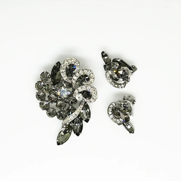 Especially Fine Vintage 1960s Gray Rhinestone Brooch Earrings Set