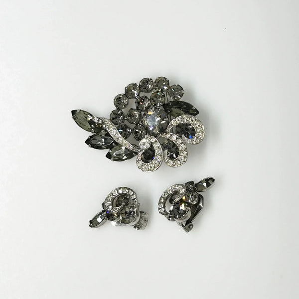 Especially Fine Vintage 1960s Gray Rhinestone Brooch Earrings Set