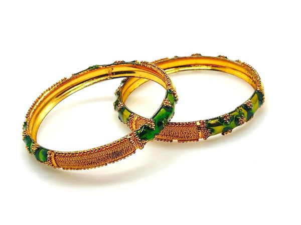 Set of Two Gold Bangles with Grass Green Enamel