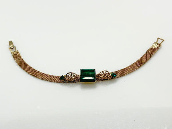Vintage Green Glass Rhinestone Mesh Bracelet