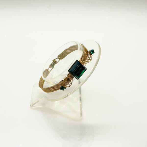 Vintage Green Glass Rhinestone Mesh Bracelet