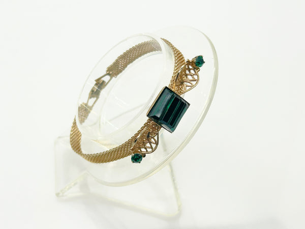 Vintage Green Glass Rhinestone Mesh Bracelet