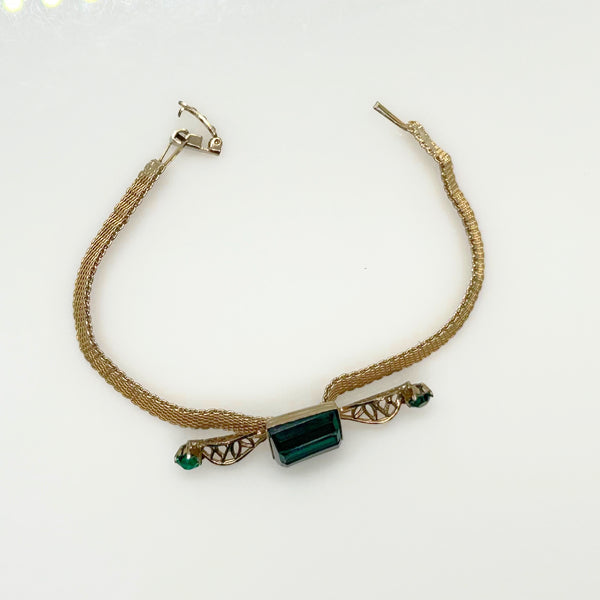Vintage Green Glass Rhinestone Mesh Bracelet