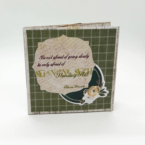 Handmade 4.25" x 4" vintage green plaid mini scrapbook album with an inspirational quote frame on the cover
