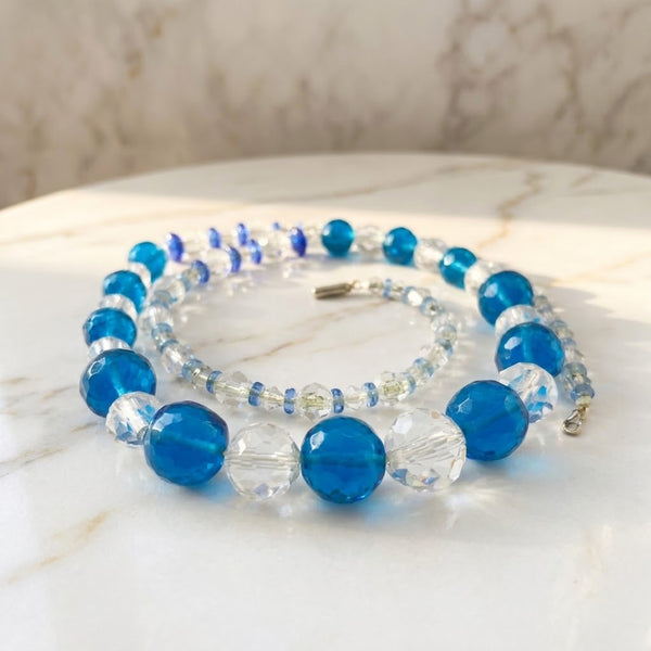Royal Blue and Clear Glass Bead Vintage Necklace