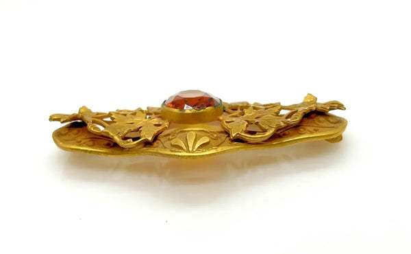Antique Victorian Brooch Pin With Golden Large Stone and Leaf Detail