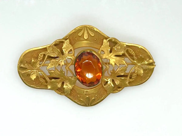 Antique Victorian Brooch Pin With Golden Large Stone and Leaf Detail